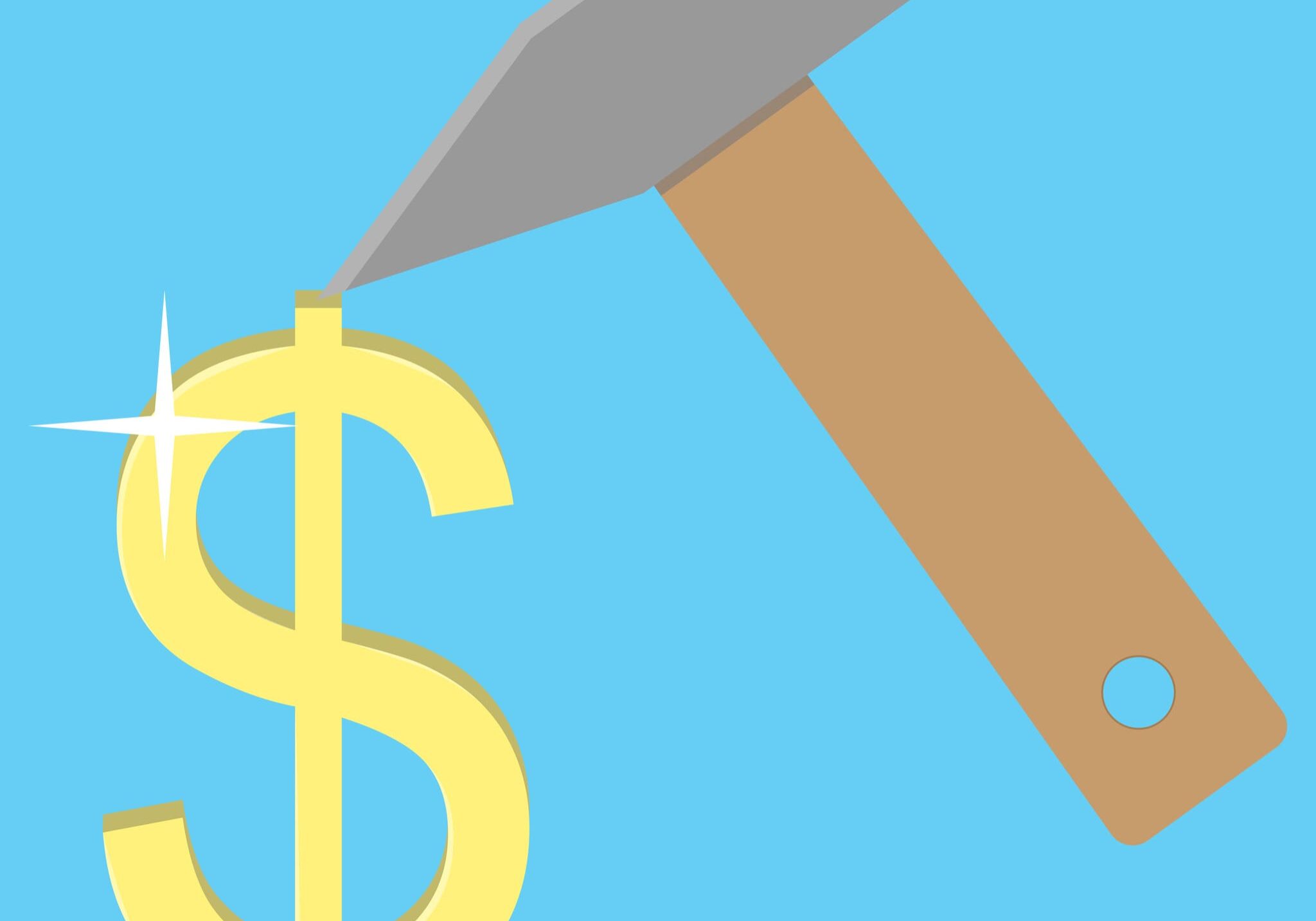 Hammer striking a golden dollar sign