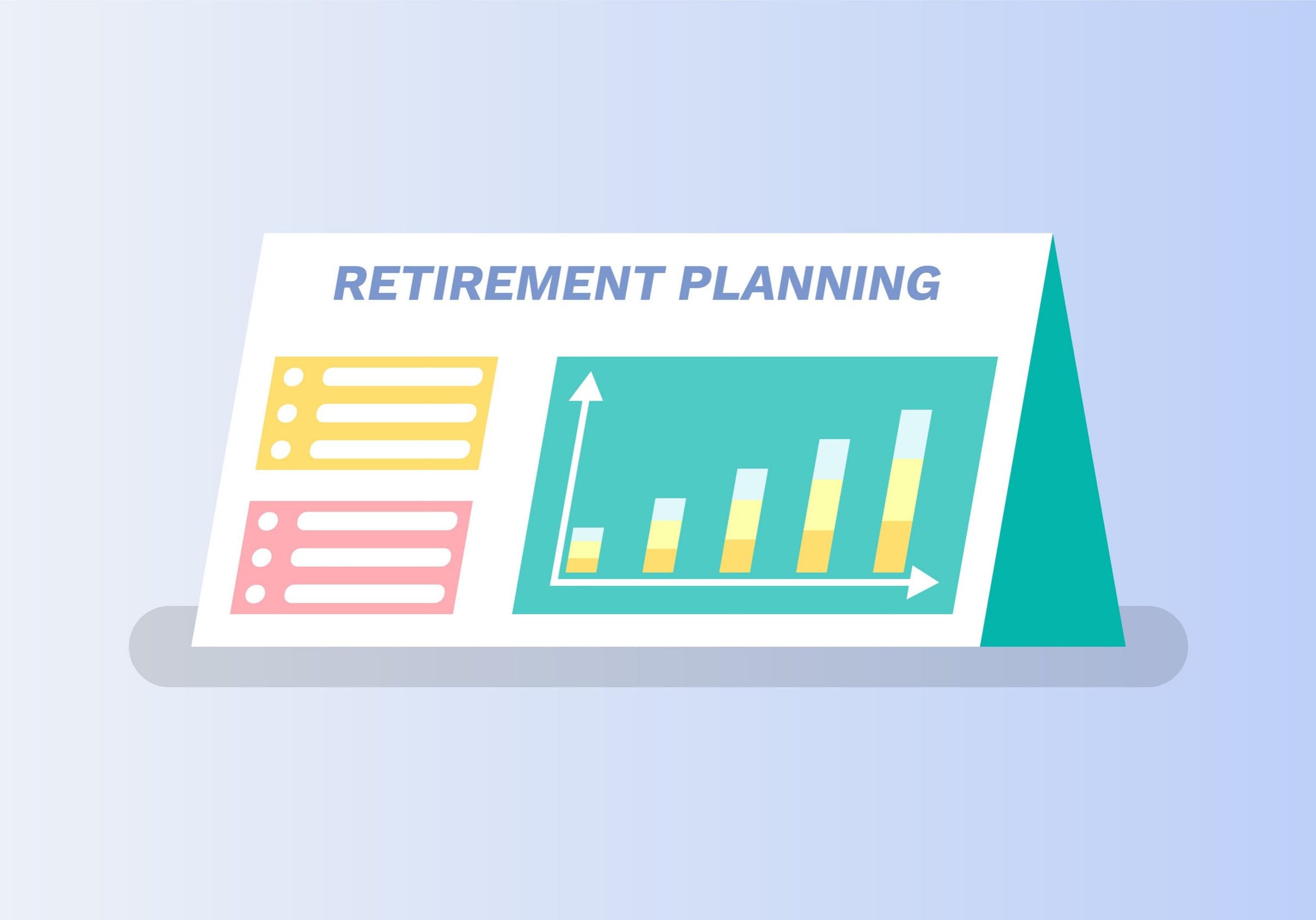 Retirement planning vector, board containing information about pension and ways of saving money, diagrams and charts, info on page flat style flowchart