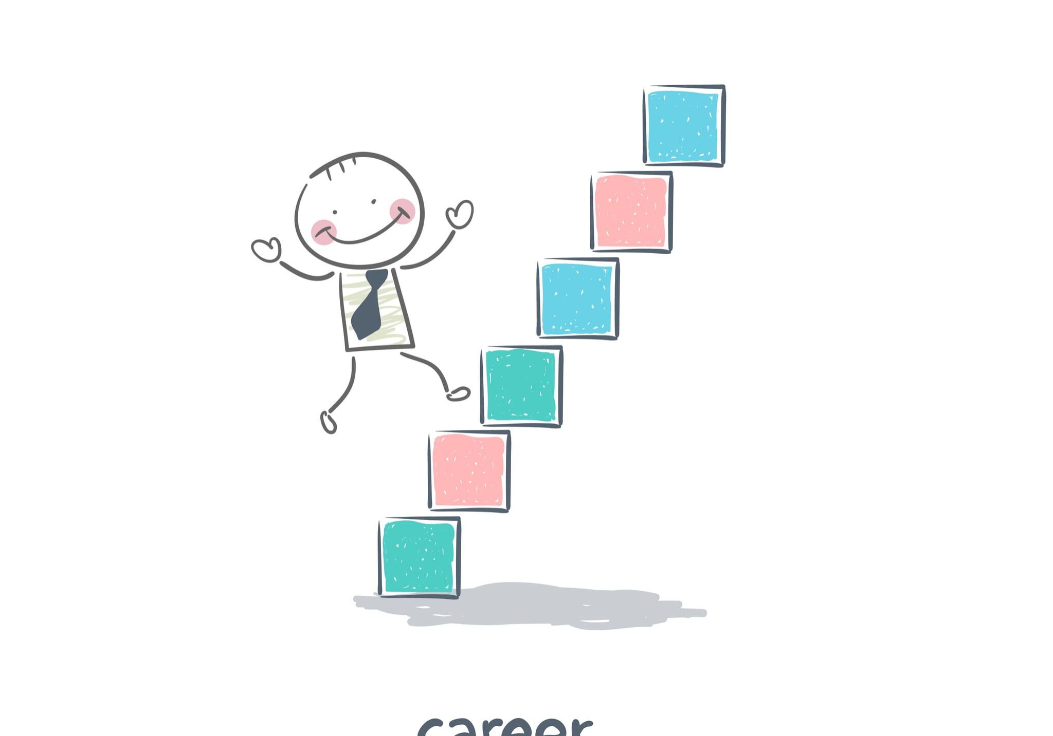 Smiling stick figure climbing colorful career steps