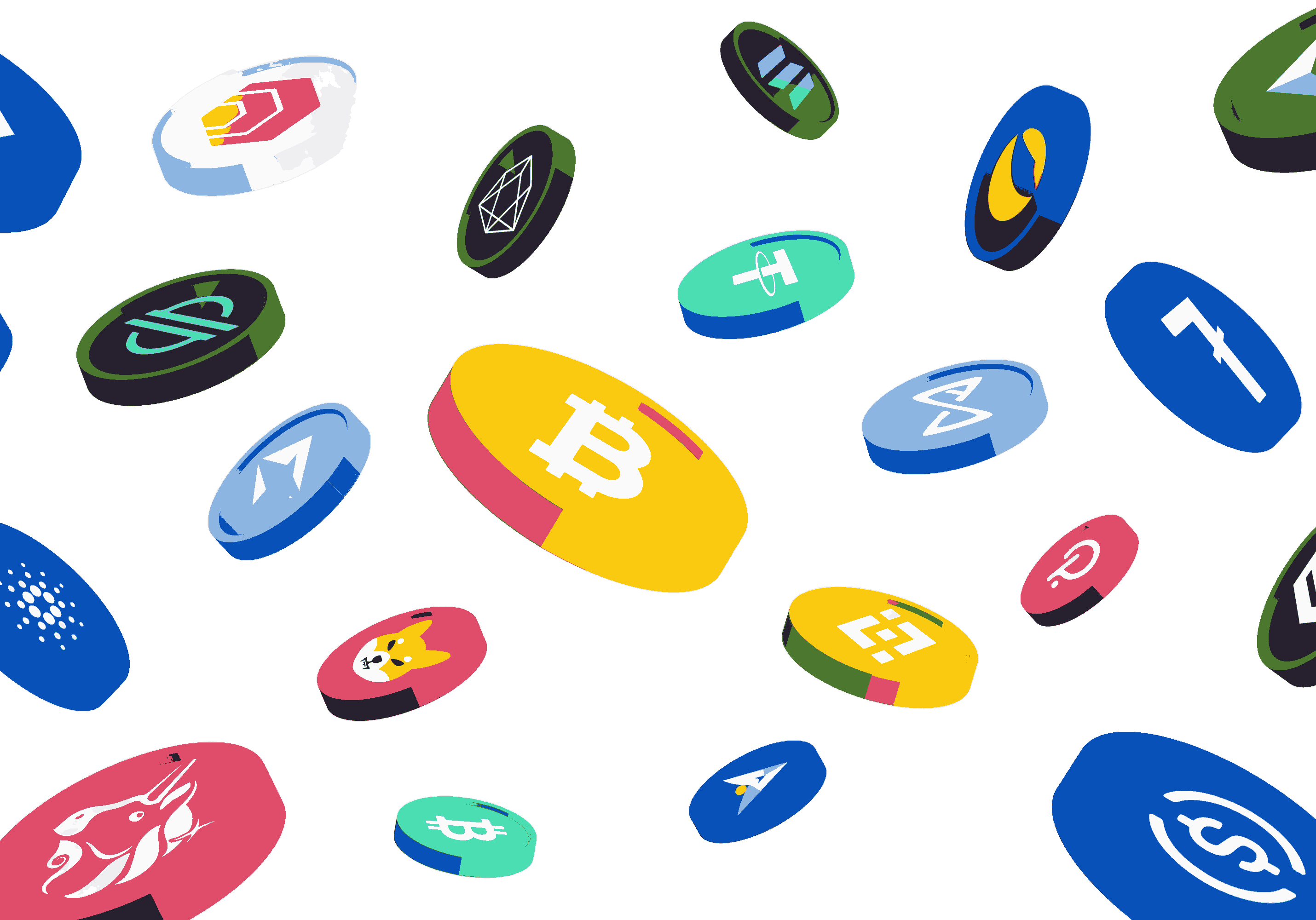 Assortment of colorful cryptocurrency coins floating