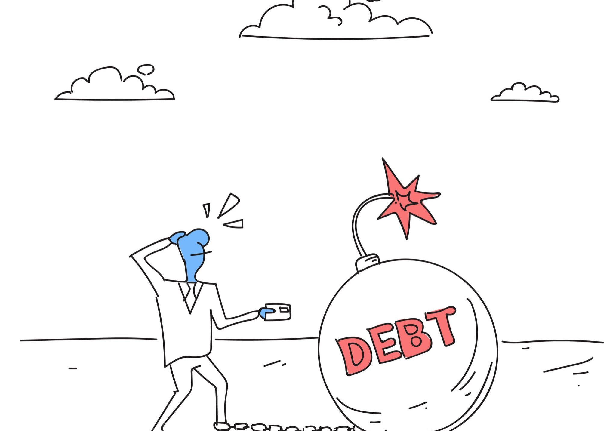 Man dragging oversized debt ball with card