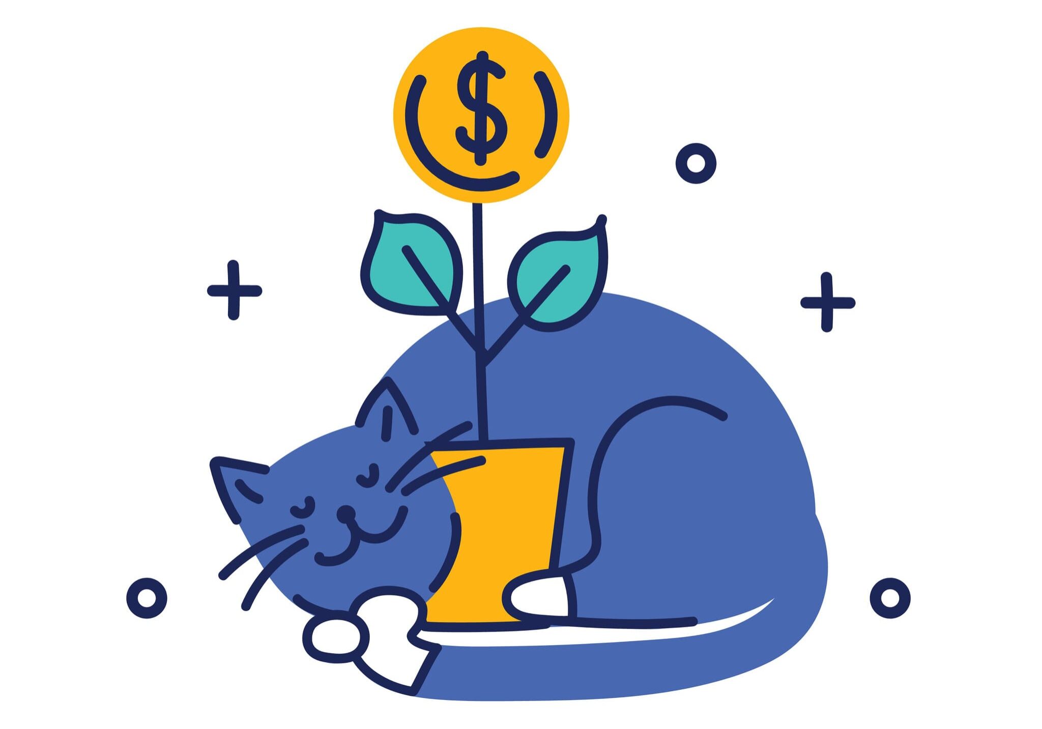Blue cat with dollar coin plant