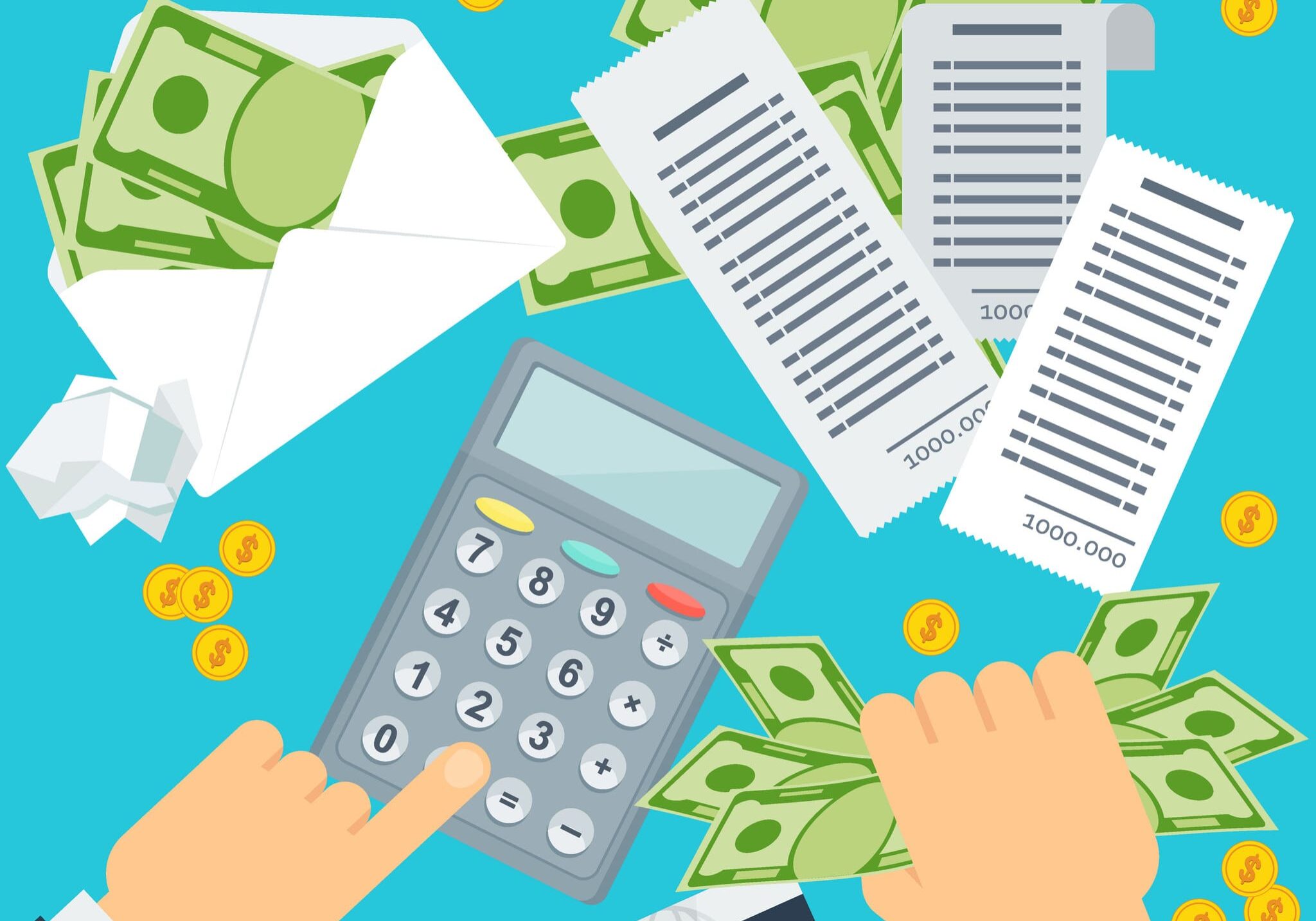 Hands calculating bills with cash and receipts