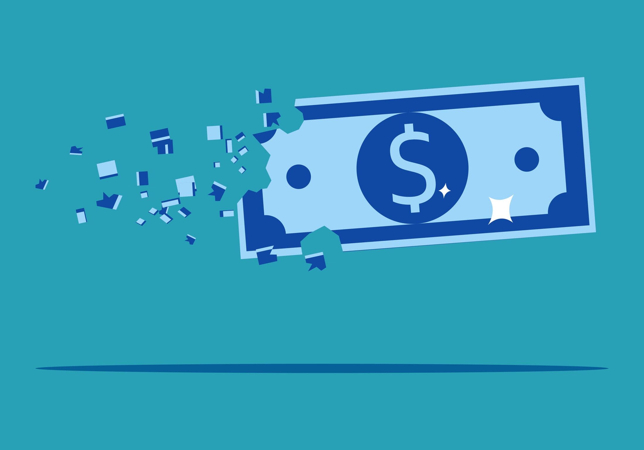 Dollar bill disintegrating into small pieces