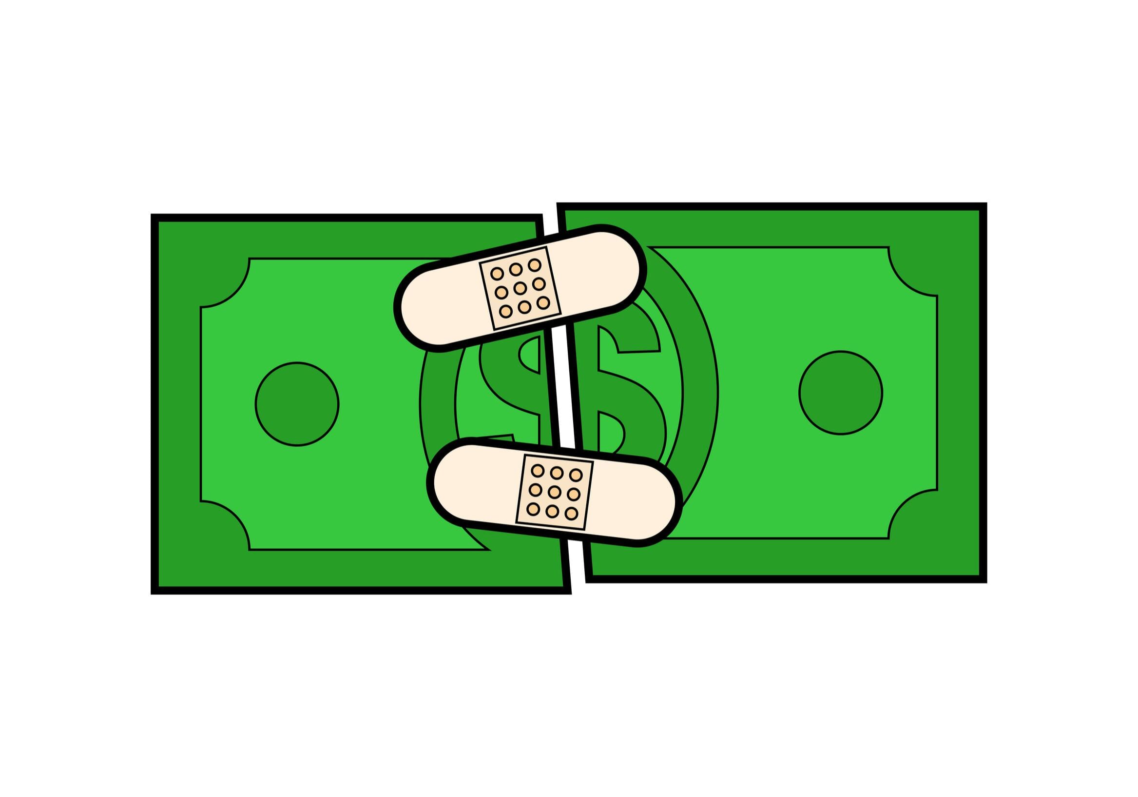 Dollar with band-aid. Torn money. Money treatment concept