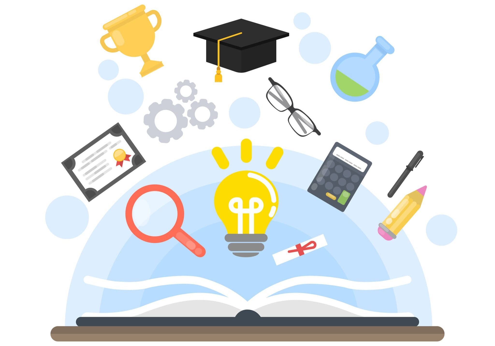 Teaching concept illustration. Idea and calculator, diploma and glasses.