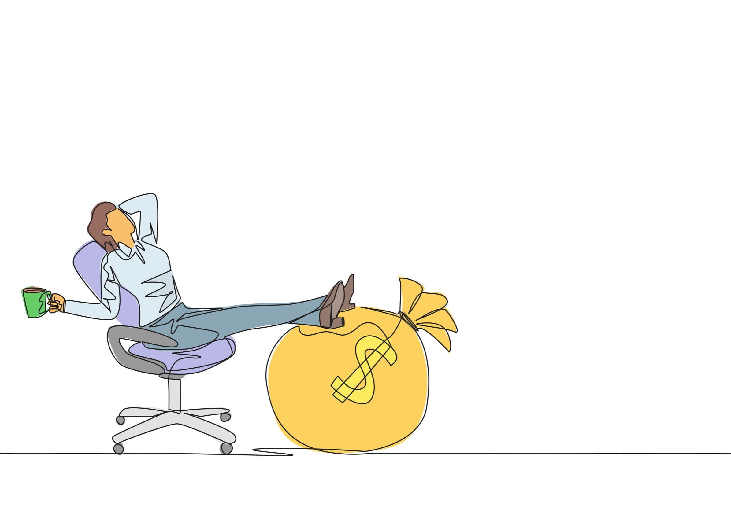 Person relaxing with feet on giant money bag