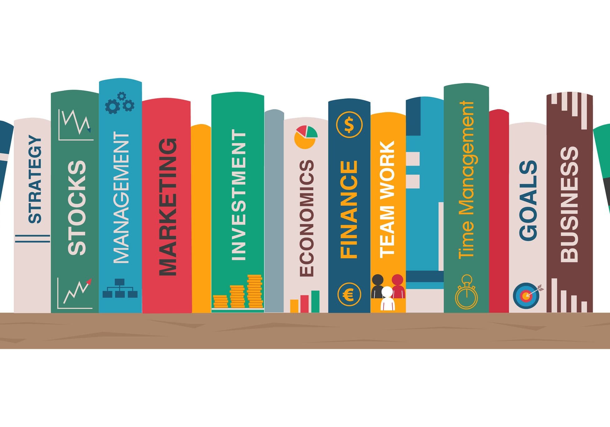 Bookshelf with business books. Shelf with books about finance, marketing, management, strategy, goals, time management, team work. Banner for library, book store. Vector illustration in flat style.