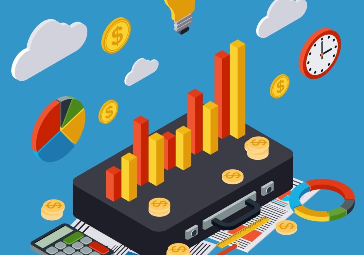 "Retirement planning tools with graphs, calculator, and suitcase symbolizing financial security and senior lifestyle."