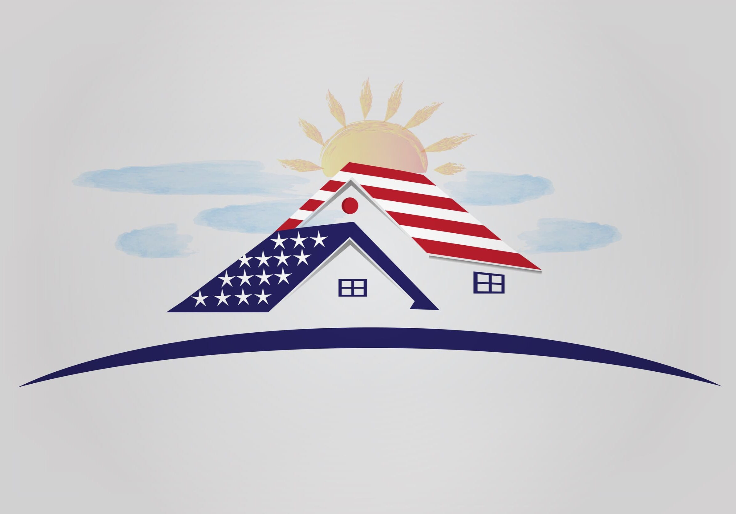 Patriotic houses with USA flag sun and clouds icon illustration vector image