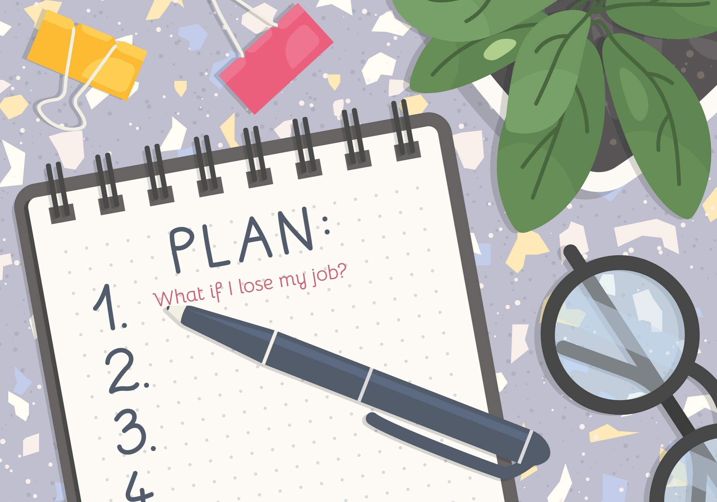 Notebook labeled PLAN, pen, glasses, plant