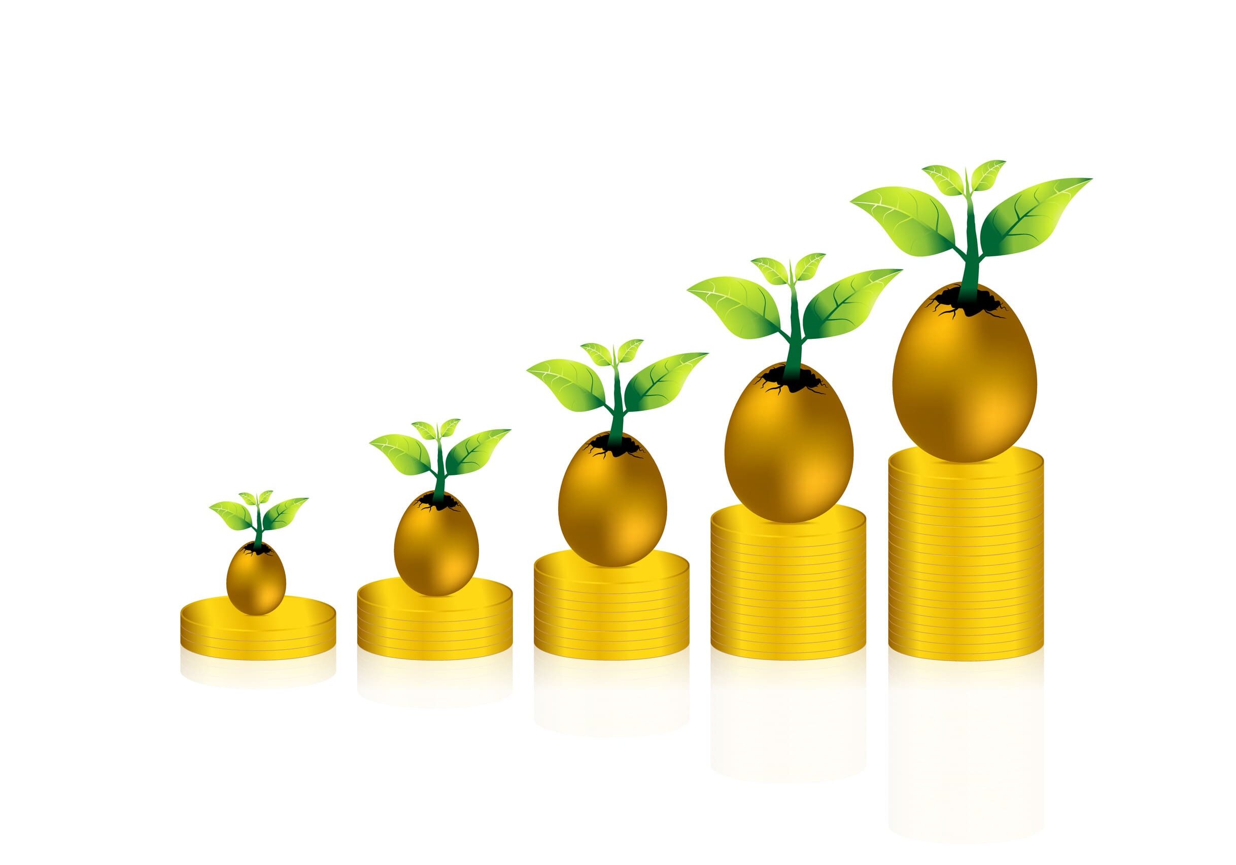 Plants growing from eggs atop coin stacks