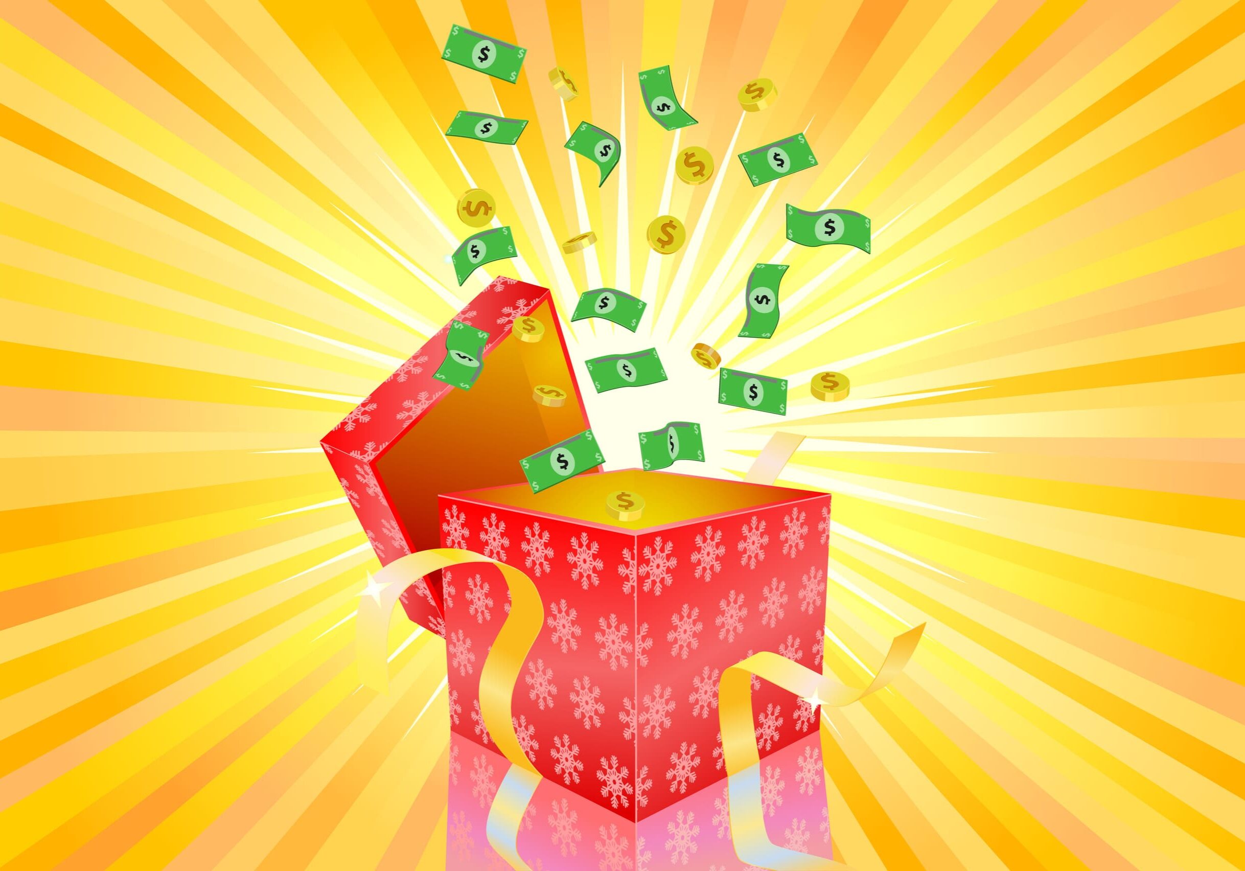 Red gift box bursting with cash and coins