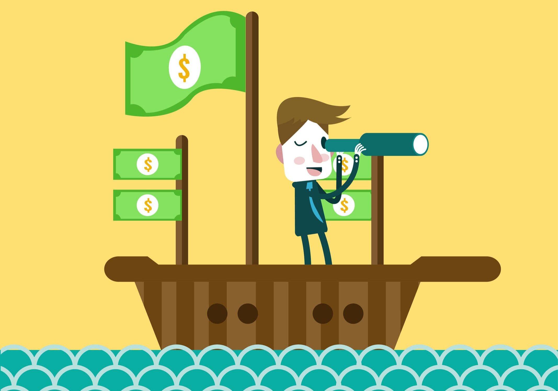 Businessman on ship with money flags