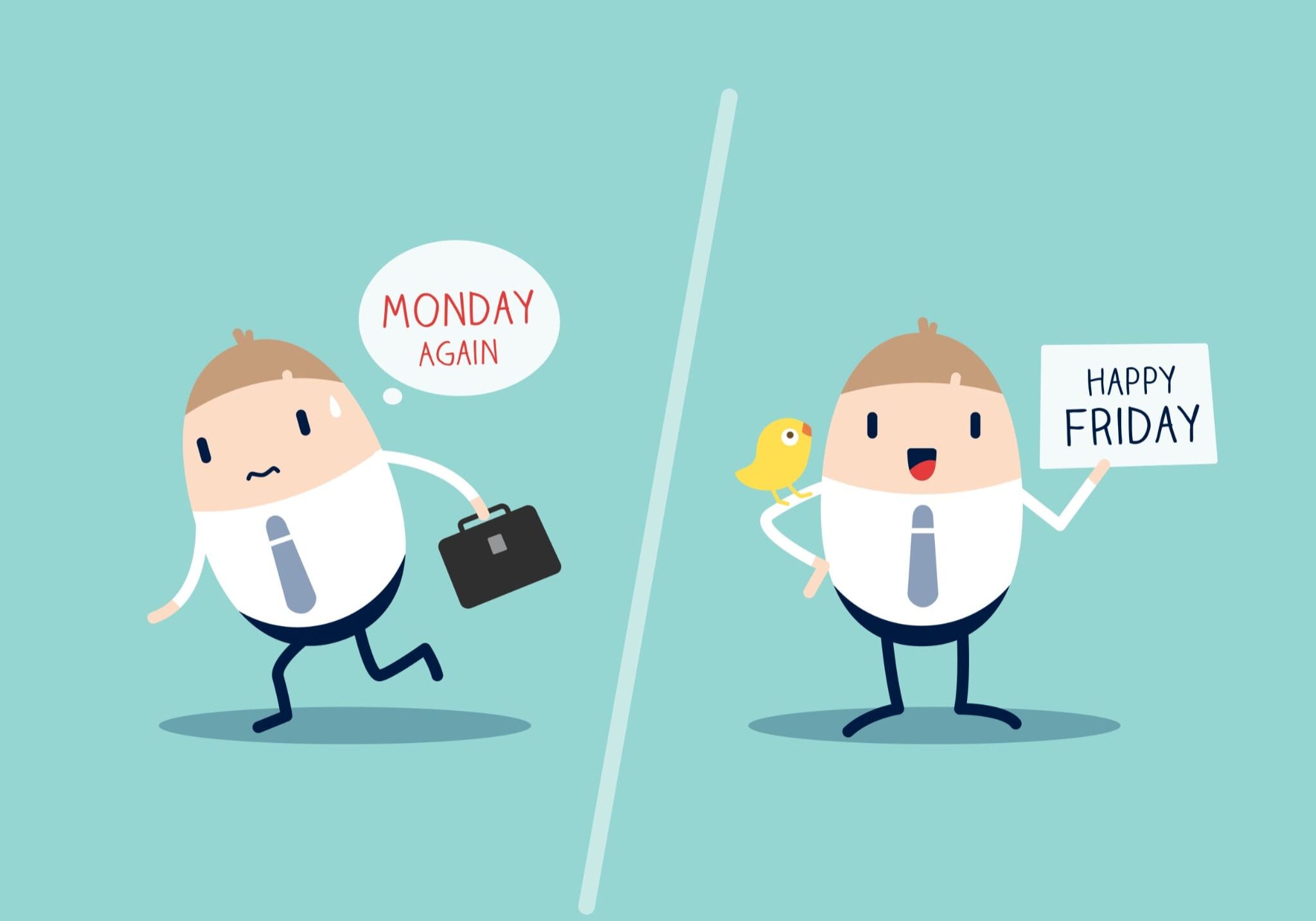 Cartoon character contrasting Monday blues with Friday happiness, symbolizing work-life balance and retirement planning.