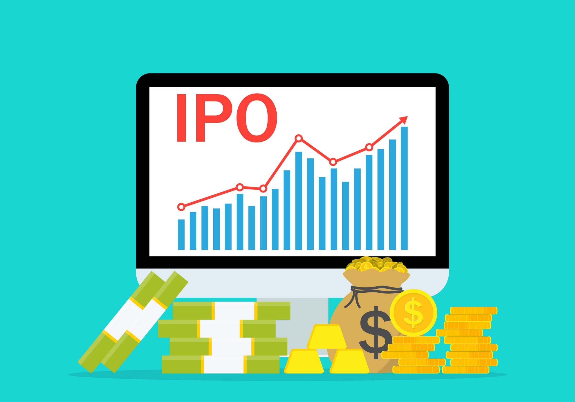 IPO growth chart on computer with money