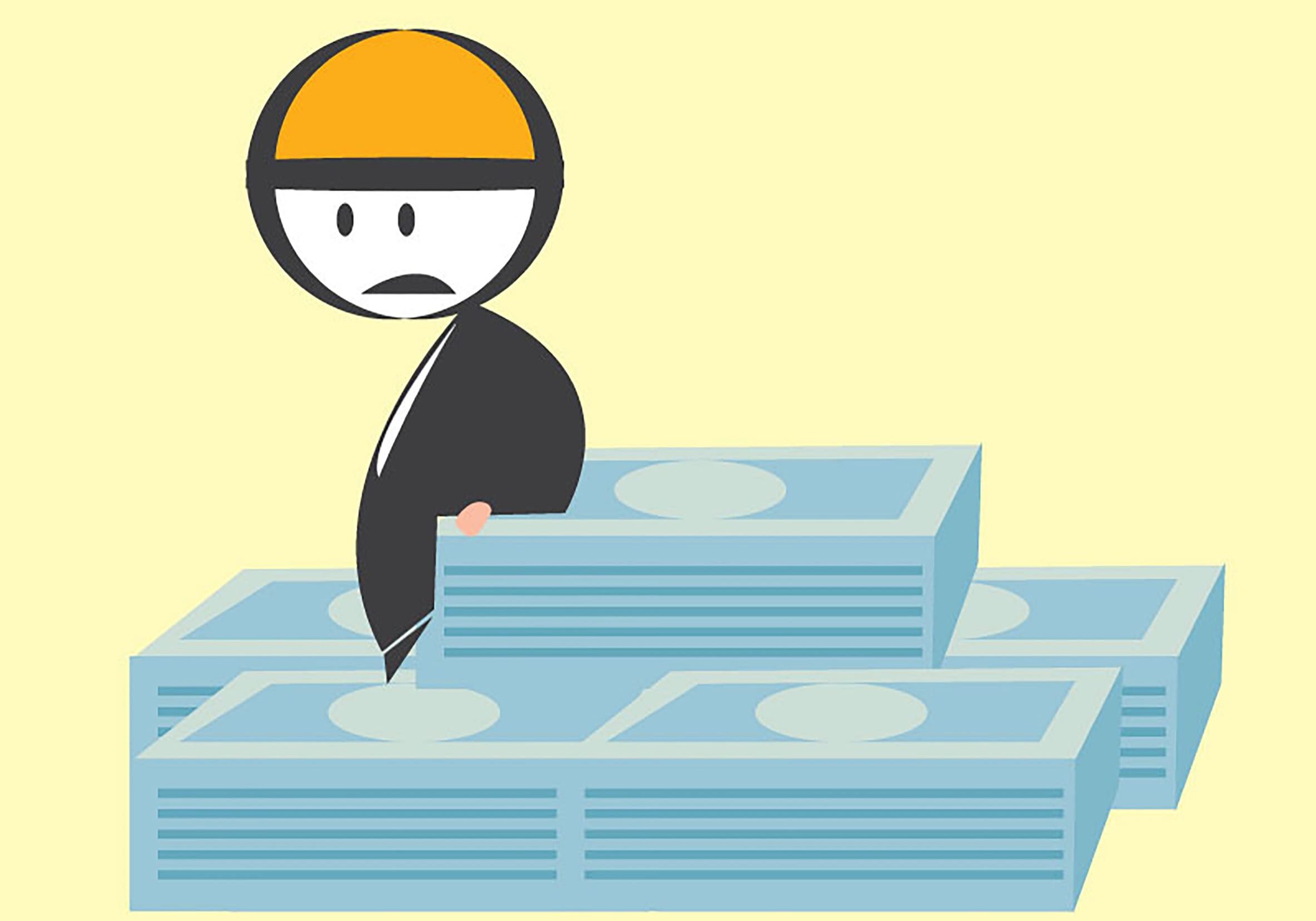 Cartoon character sitting on stacks of cash