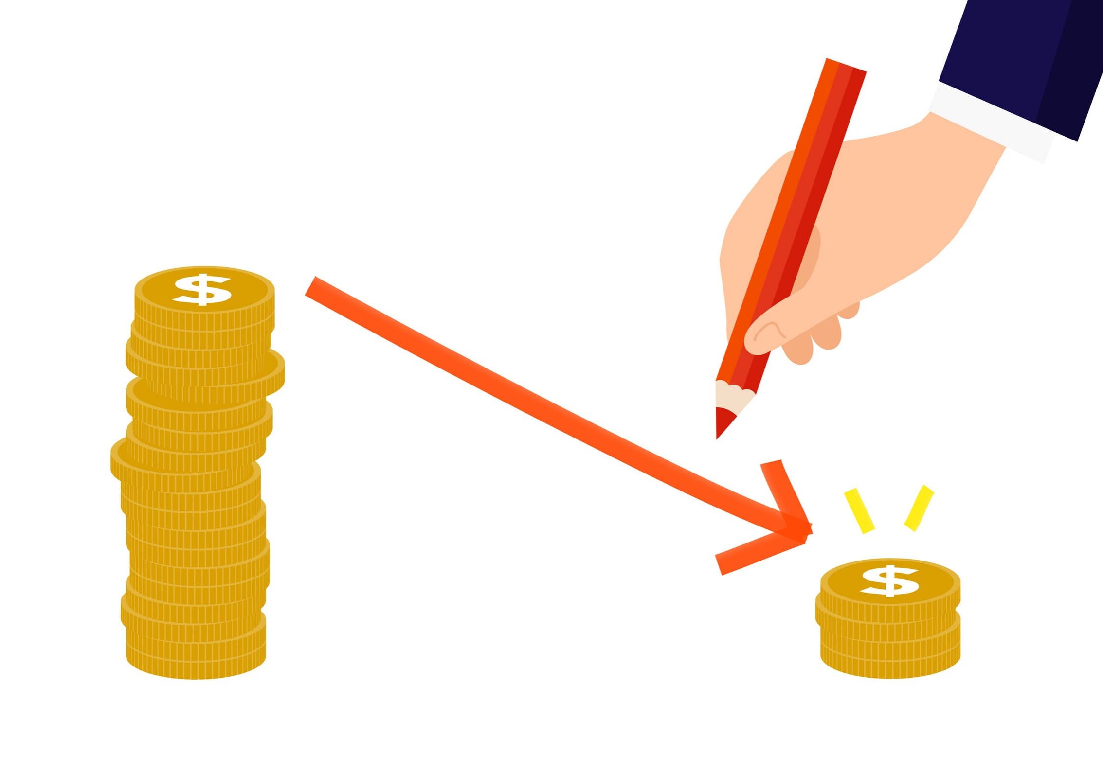 Cost reduction image,hand holding  pencil,draw an arrow,white isolated,vector