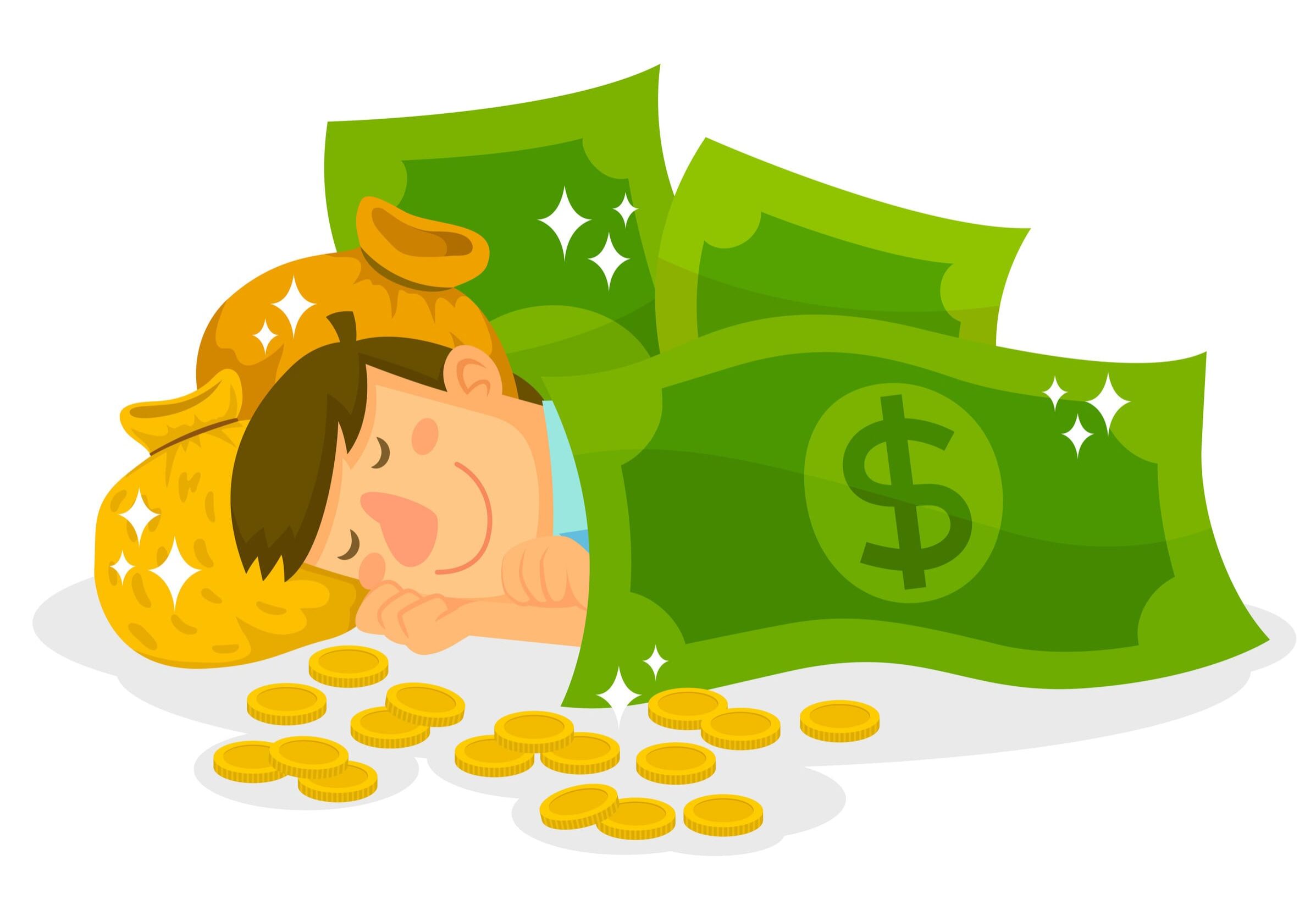Person sleeping on a pile of money