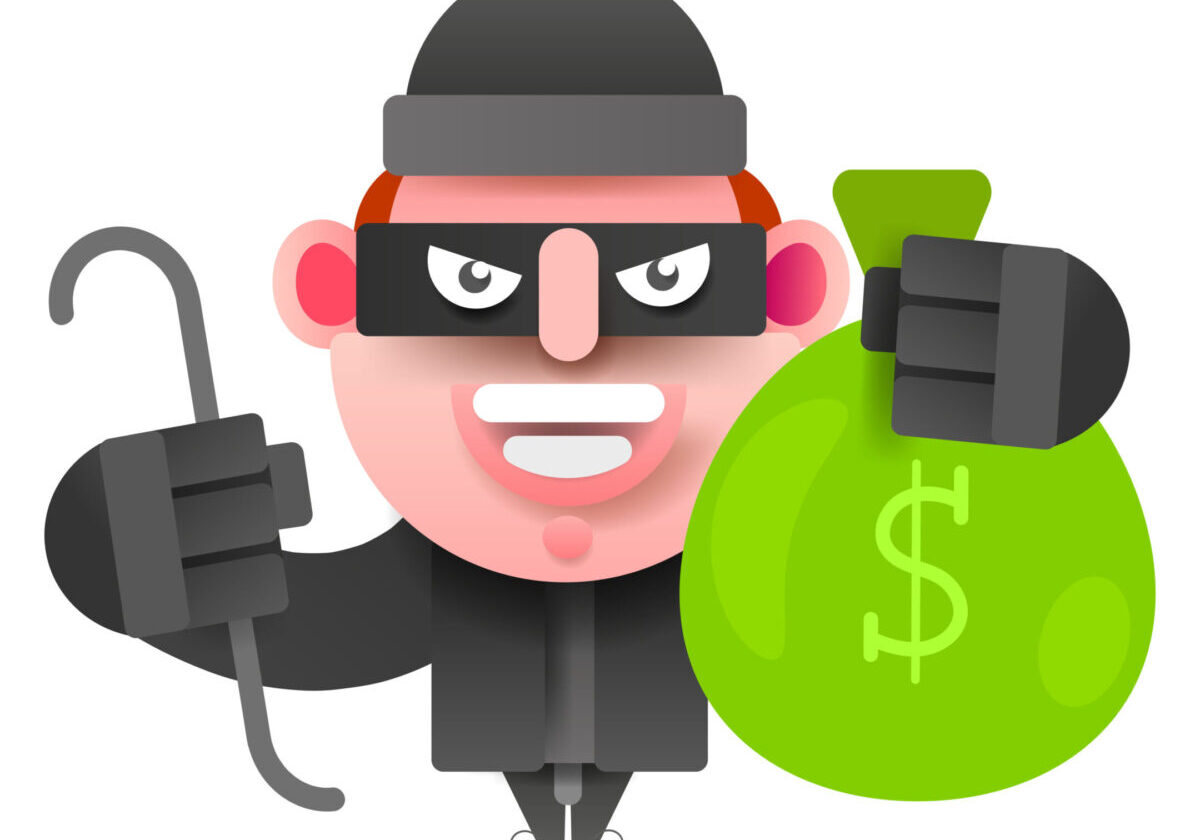 A cartoon thief holding a green money bag, representing elder fraud prevention.