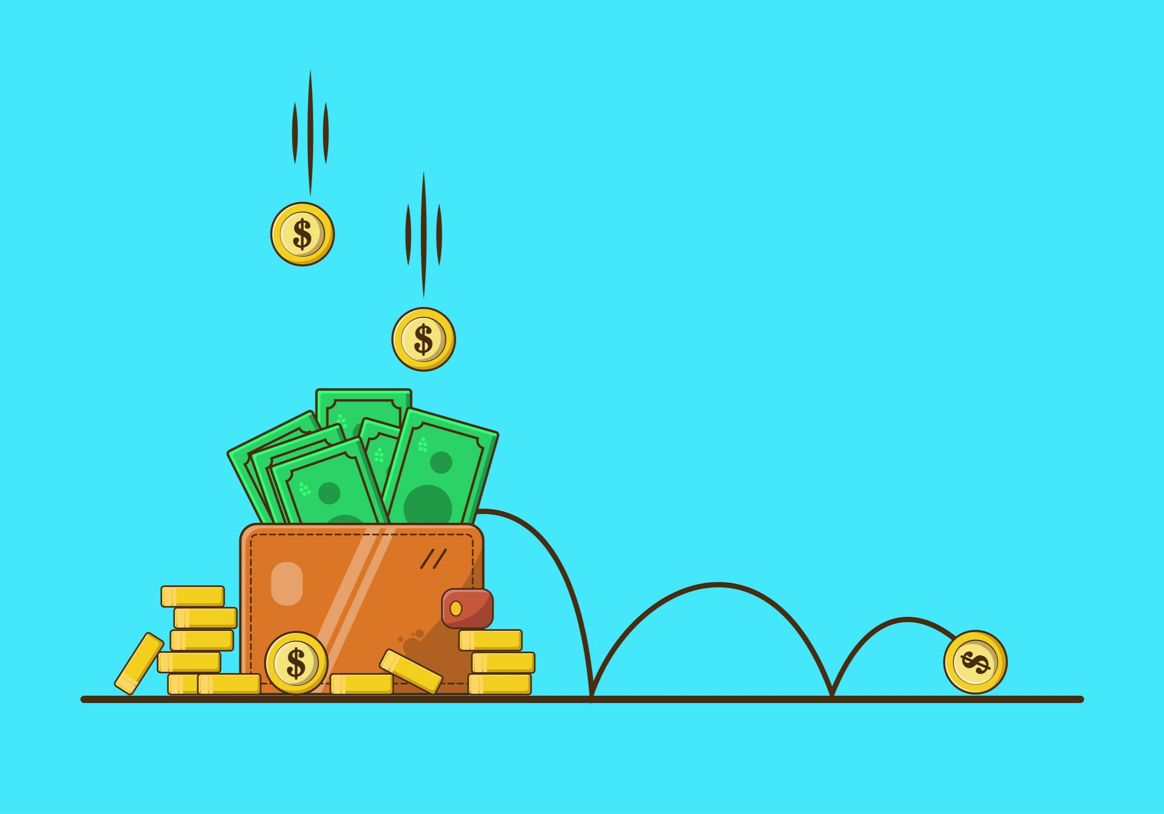 Vector illustration of money in a wallet with coins on a blue background