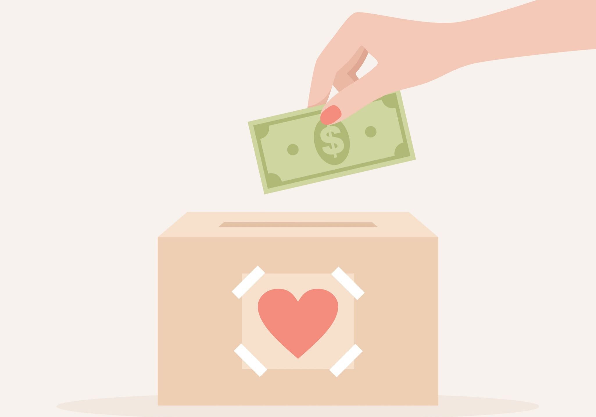 A female hand putting a dollar bill into a charity box with a heart on it. Flat vector illustration