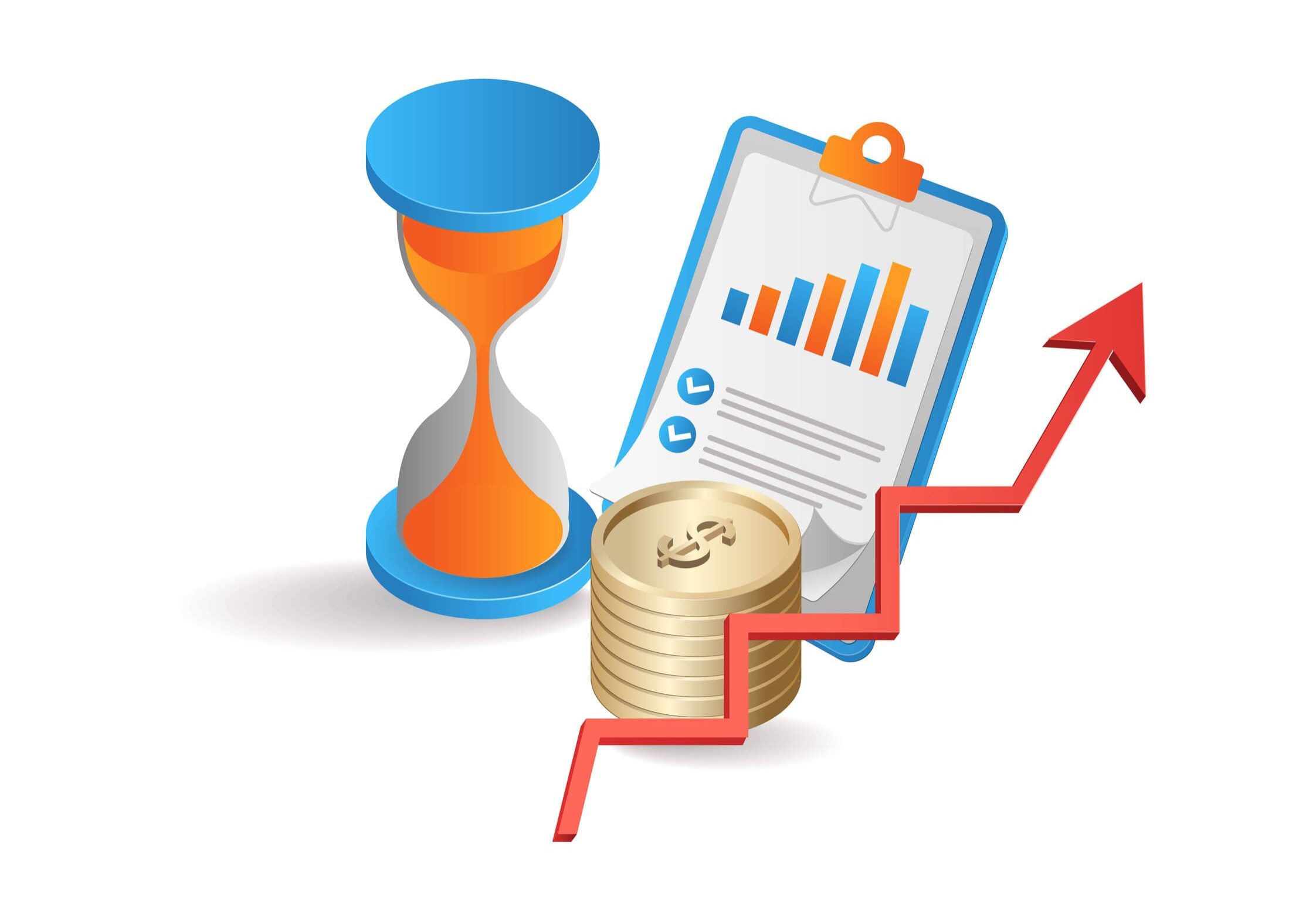 Hourglass, coins, clipboard chart and upward arrow