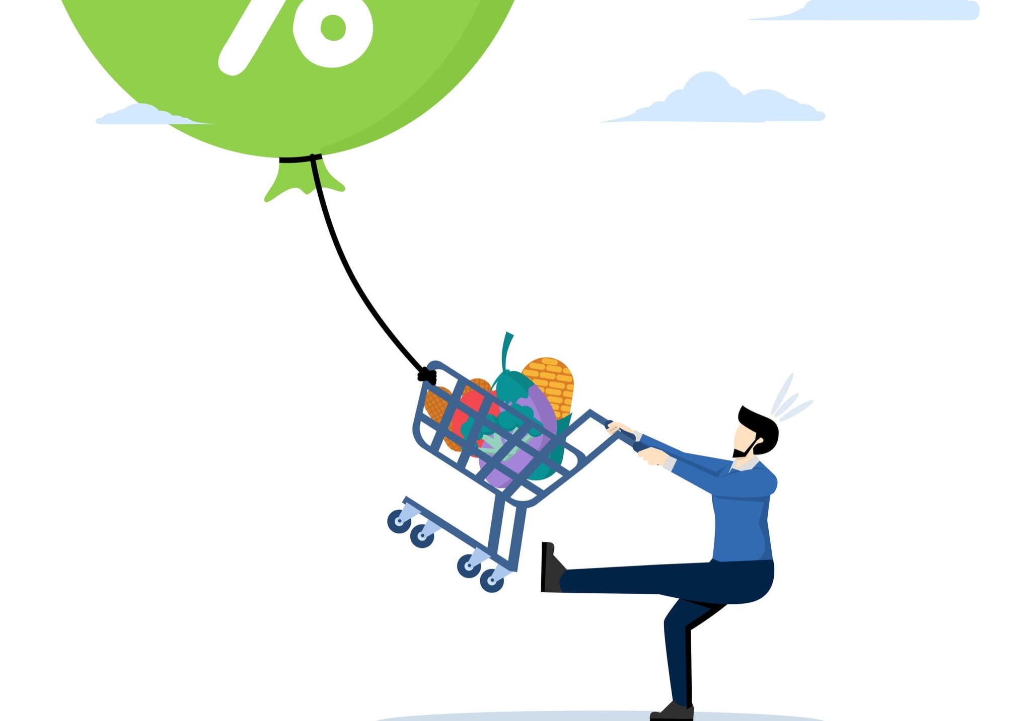 the tarrif excuse Food price crisis, rising consumer goods prices. Inflation reflects higher prices for goods and services. men try to catch shopping carts full of food that fly away. flat vector