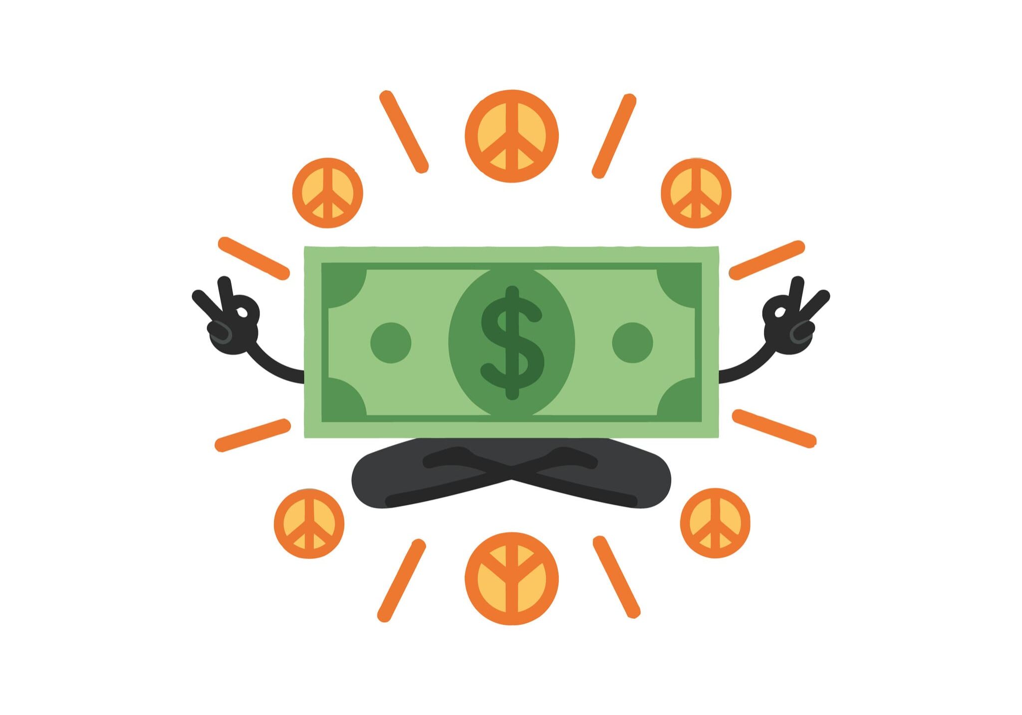 Cartoon money meditating with peace symbols