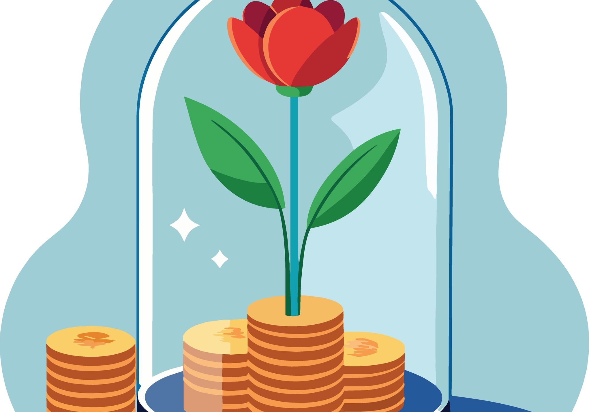 A vibrant red tulip is safely protected within a clear glass dome symbolizing growth and financial security