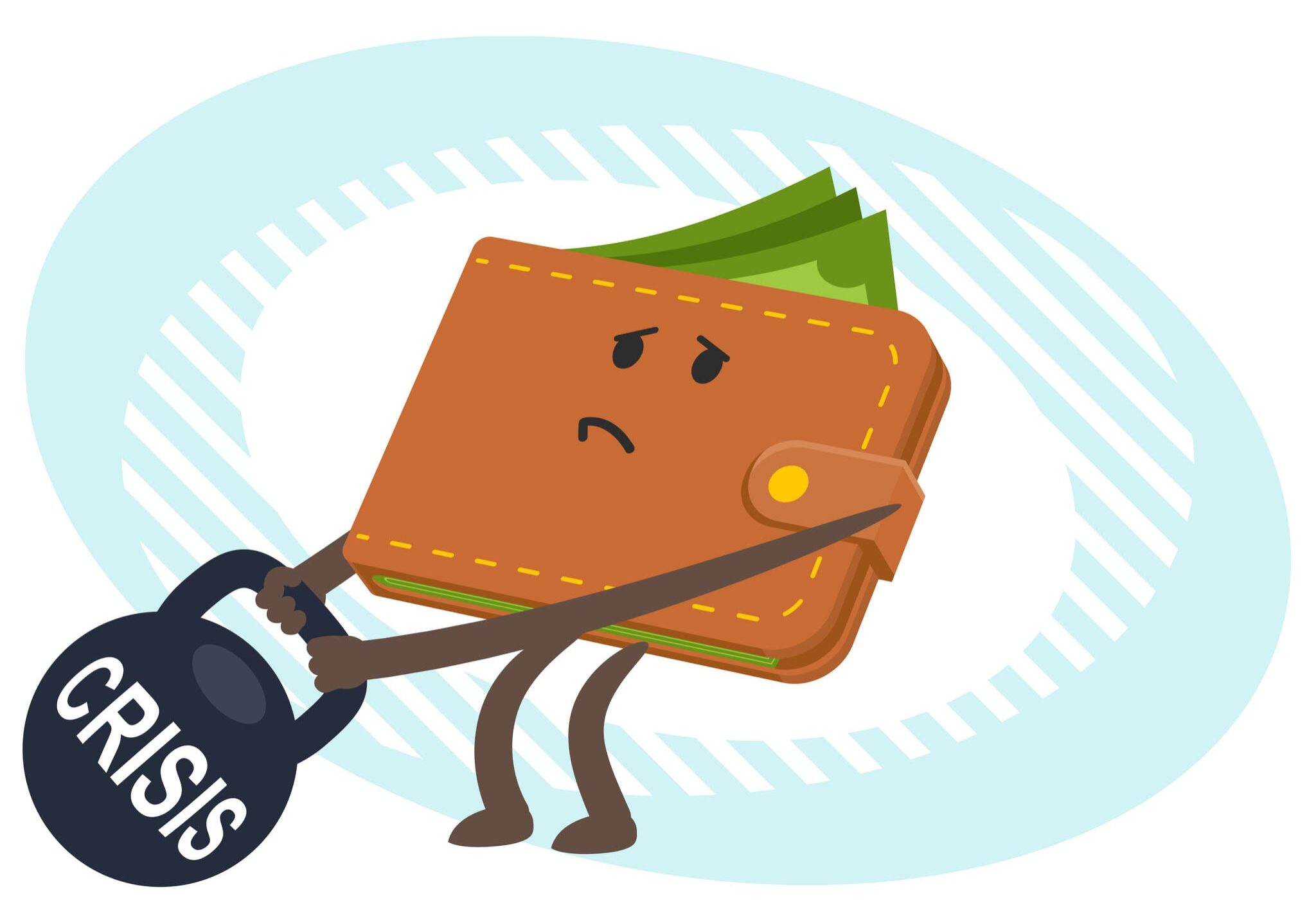 Cartoon Wallet Characters wants to move a heavy weight with the Cartoon Wallet Characters wants to move a heavy weight with the inscription "Crisis". Financial crisis concept. Vector Illustration.