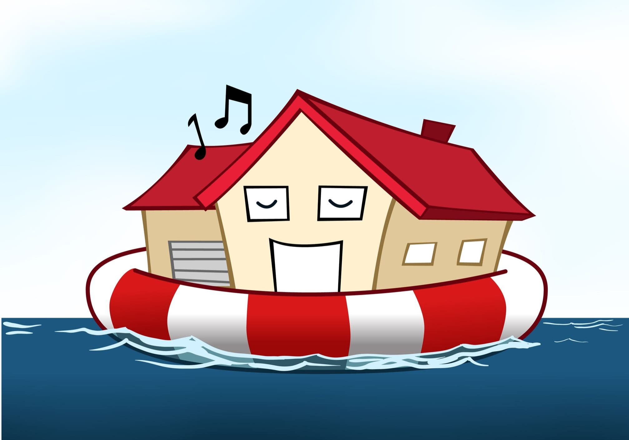 Cartoon house floating on lifebuoy with music