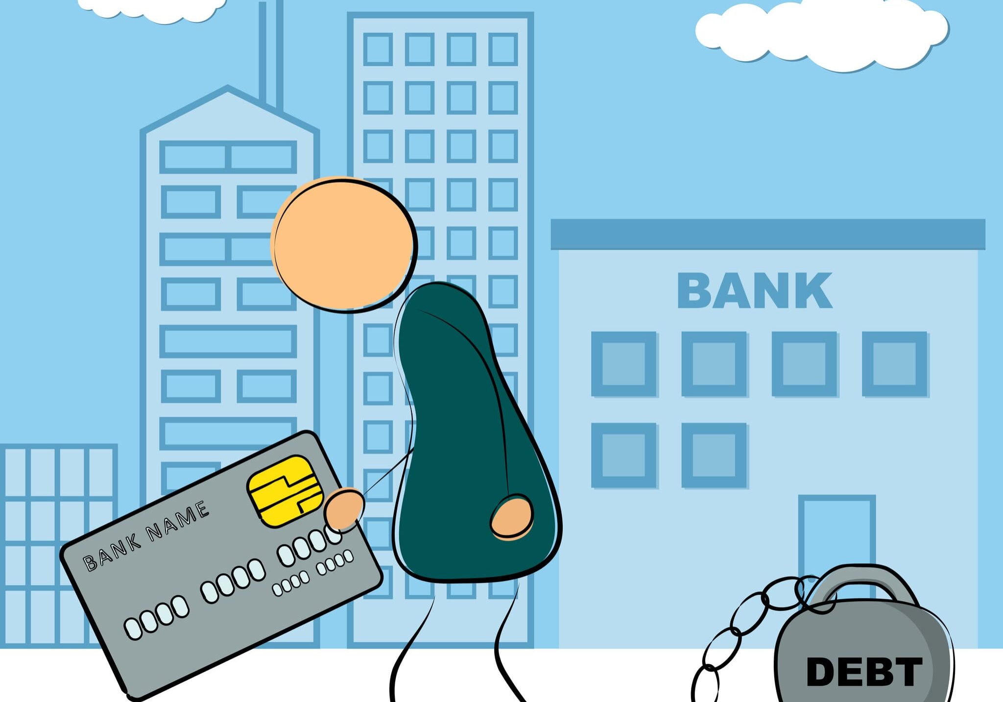 Man going with credit card and debt Vector illustration. Drawing. Businessman going from bank building with credit card and chained with debt in depression