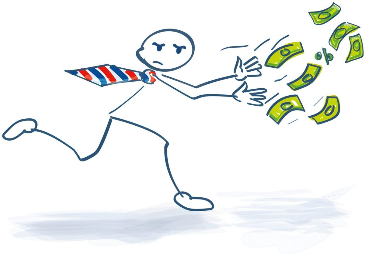 "Stick figure chasing money, illustrating the challenges of financial security and retirement planning for seniors."