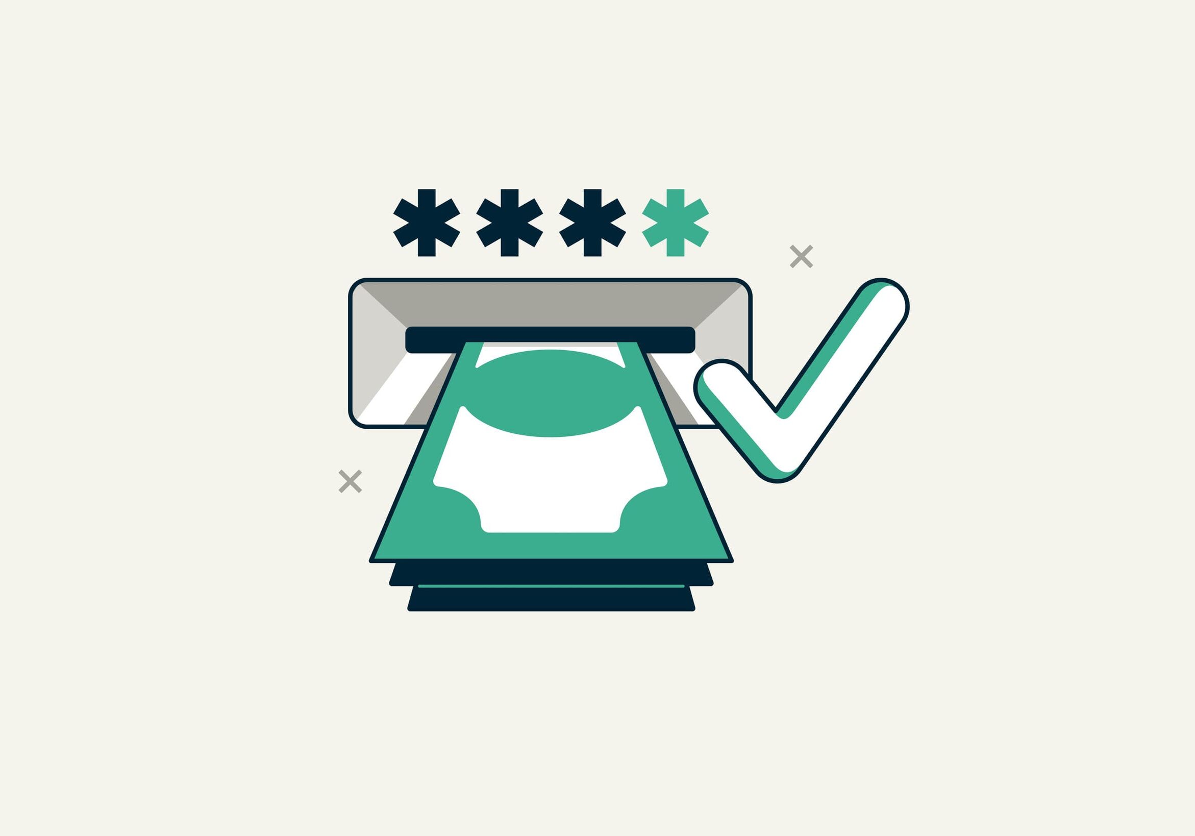 Secured cash withdrawal from ATM vector detailed icon, safe cash out from credit card.