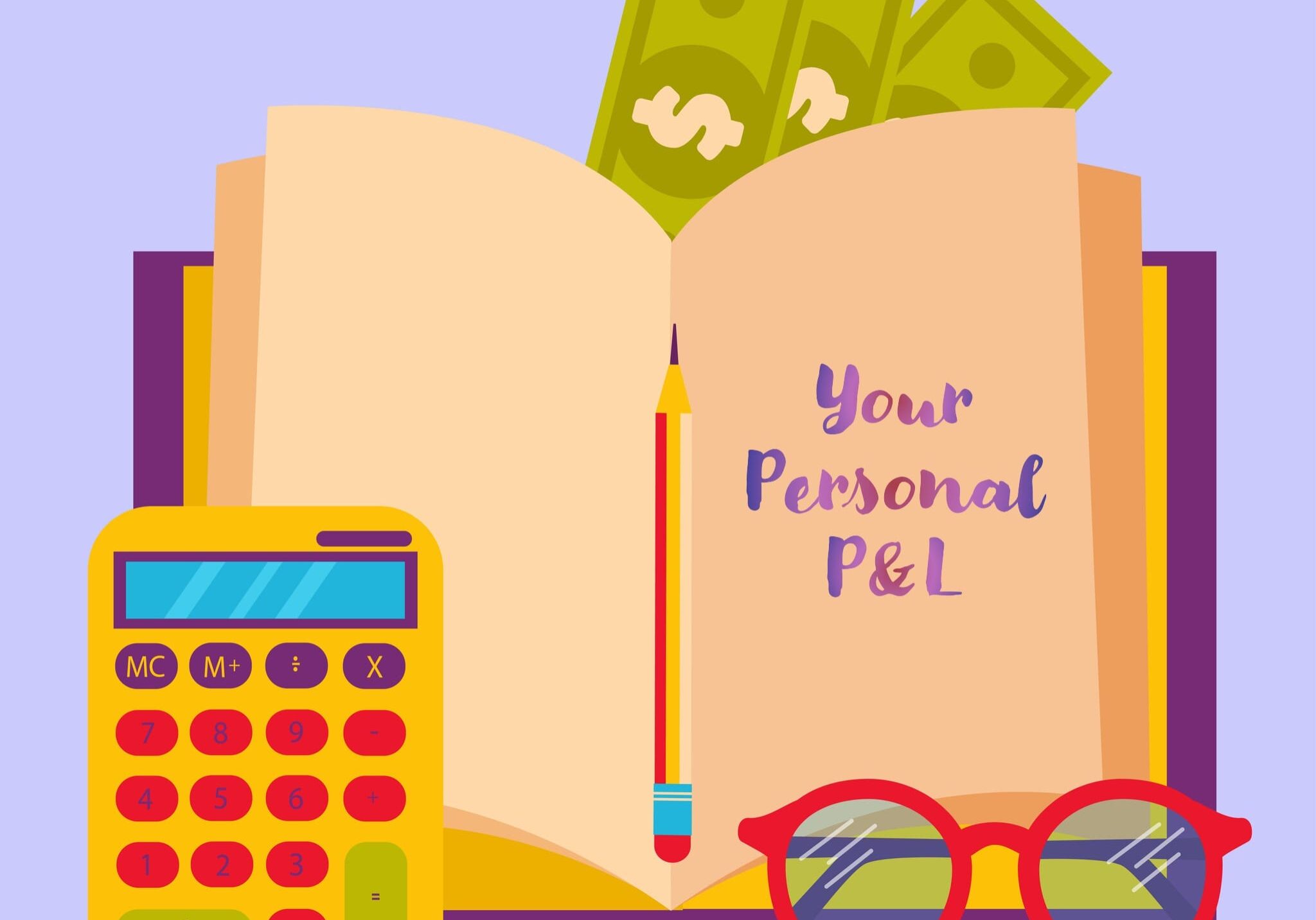 Book with cash, calculator, pencil, glasses